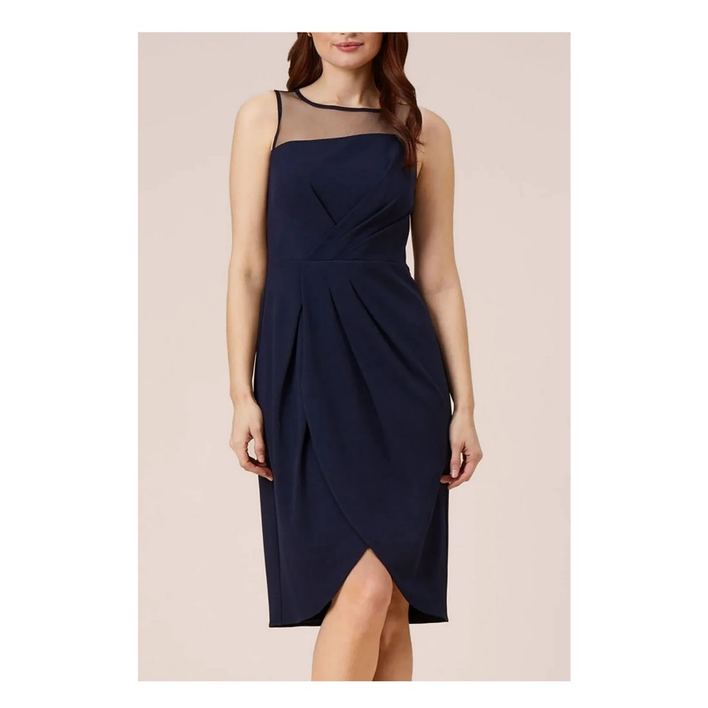 Adrianna Papell Stretch Crepe Draped Illusion Short Wrap Crepe Dress Size 4 Blue